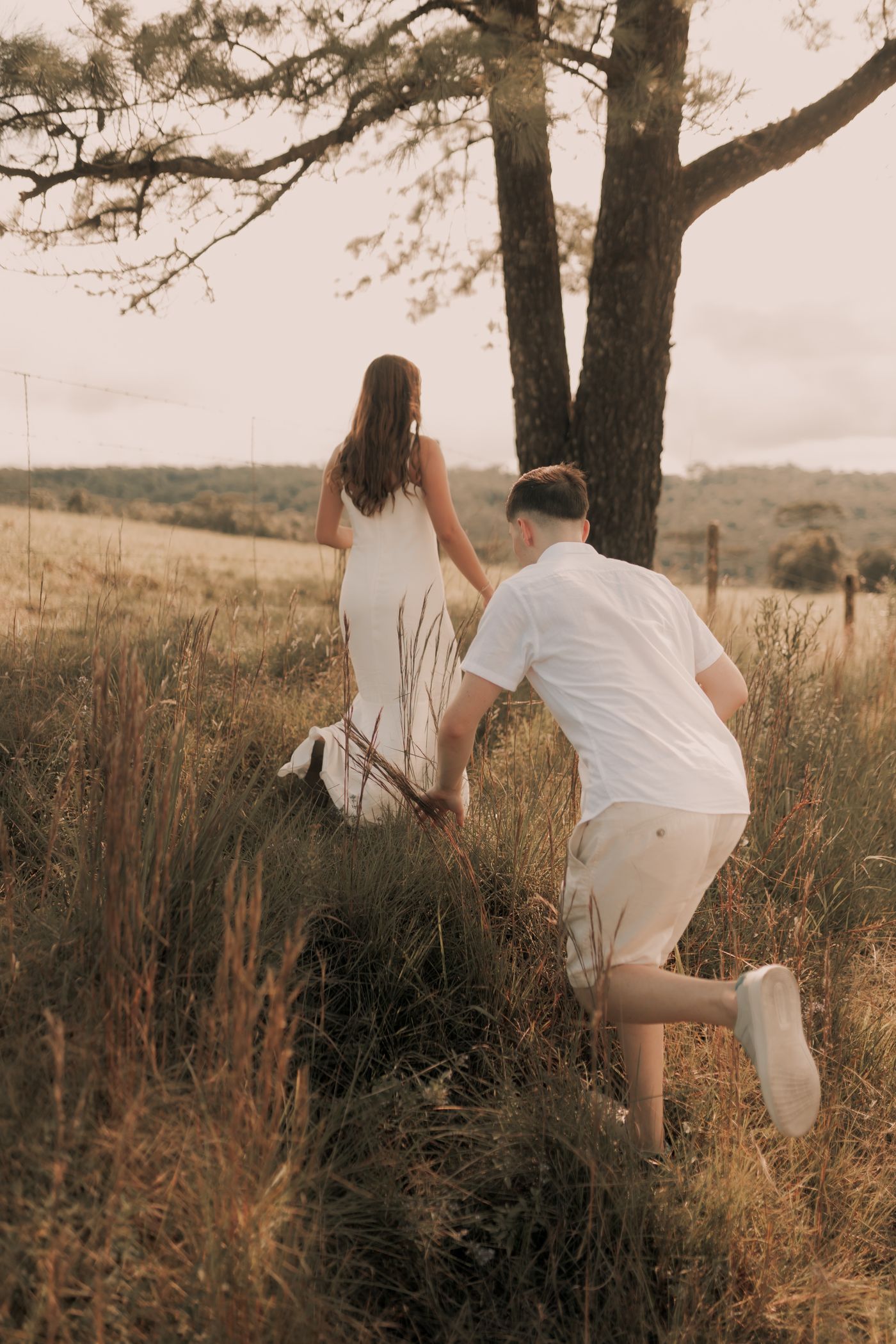 Wedding couple walking through a sunlit field